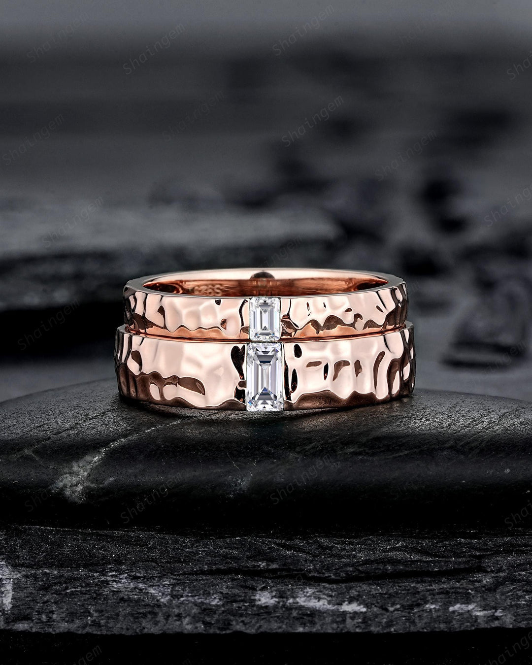 Full Eternity Hammered Design His and Hers Baguette Moissanite Couple Ring Set, Rose Gold Wedding Engagement Band Promise Ring Men and Women - ShainJewelry