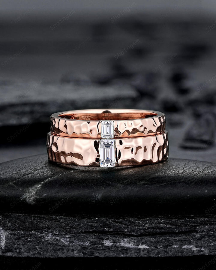 Full Eternity Hammered Design His and Hers Baguette Moissanite Couple Ring Set, Rose Gold Wedding Engagement Band Promise Ring Men and Women - ShainJewelry