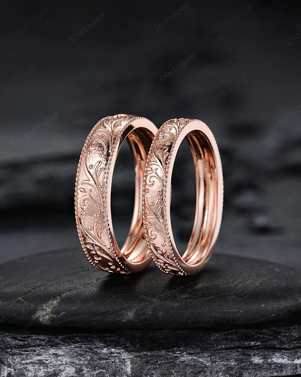 Unique His and Hers Leaf Full Eternity Couple Ring Set Nature Inspired Milgrain Rose Gold Wedding Band Matching Band Engagement Promise Ring - ShainJewelry