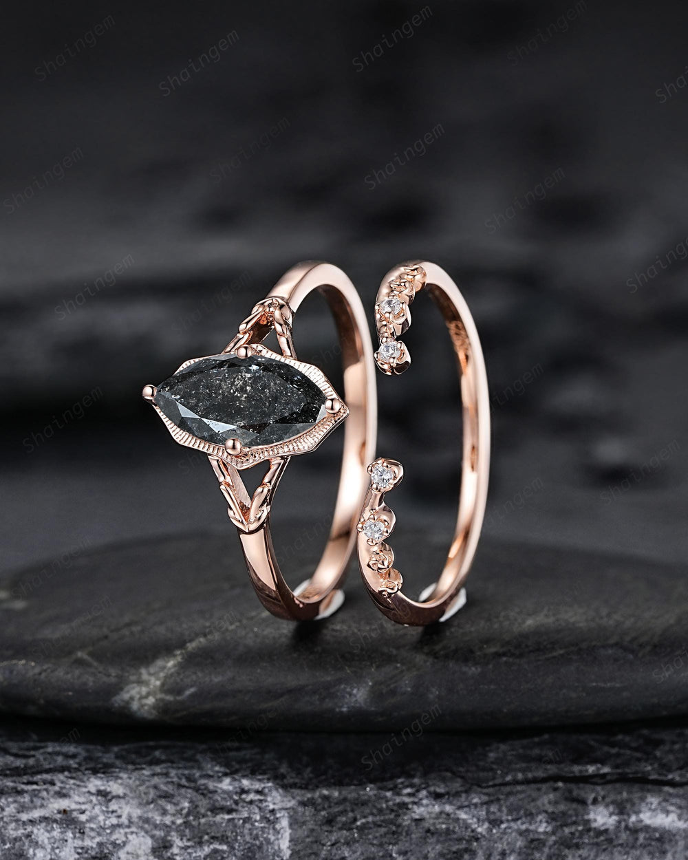 Marquise Cut Salt and Pepper Diamond Promise Ring, Unique Open Gap Wedding Band, Spilt Shank Rose Gold Black Diamond Promise Ring for Women - ShainJewelry