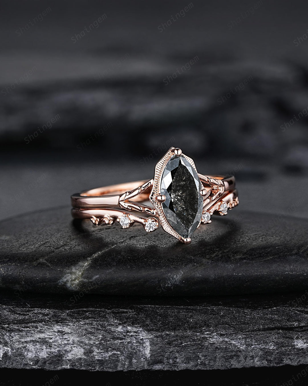 Marquise Cut Salt and Pepper Diamond Promise Ring, Unique Open Gap Wedding Band, Spilt Shank Rose Gold Black Diamond Promise Ring for Women - ShainJewelry