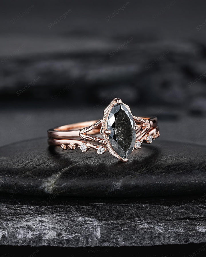 Marquise Cut Salt and Pepper Diamond Promise Ring, Unique Open Gap Wedding Band, Spilt Shank Rose Gold Black Diamond Promise Ring for Women - ShainJewelry