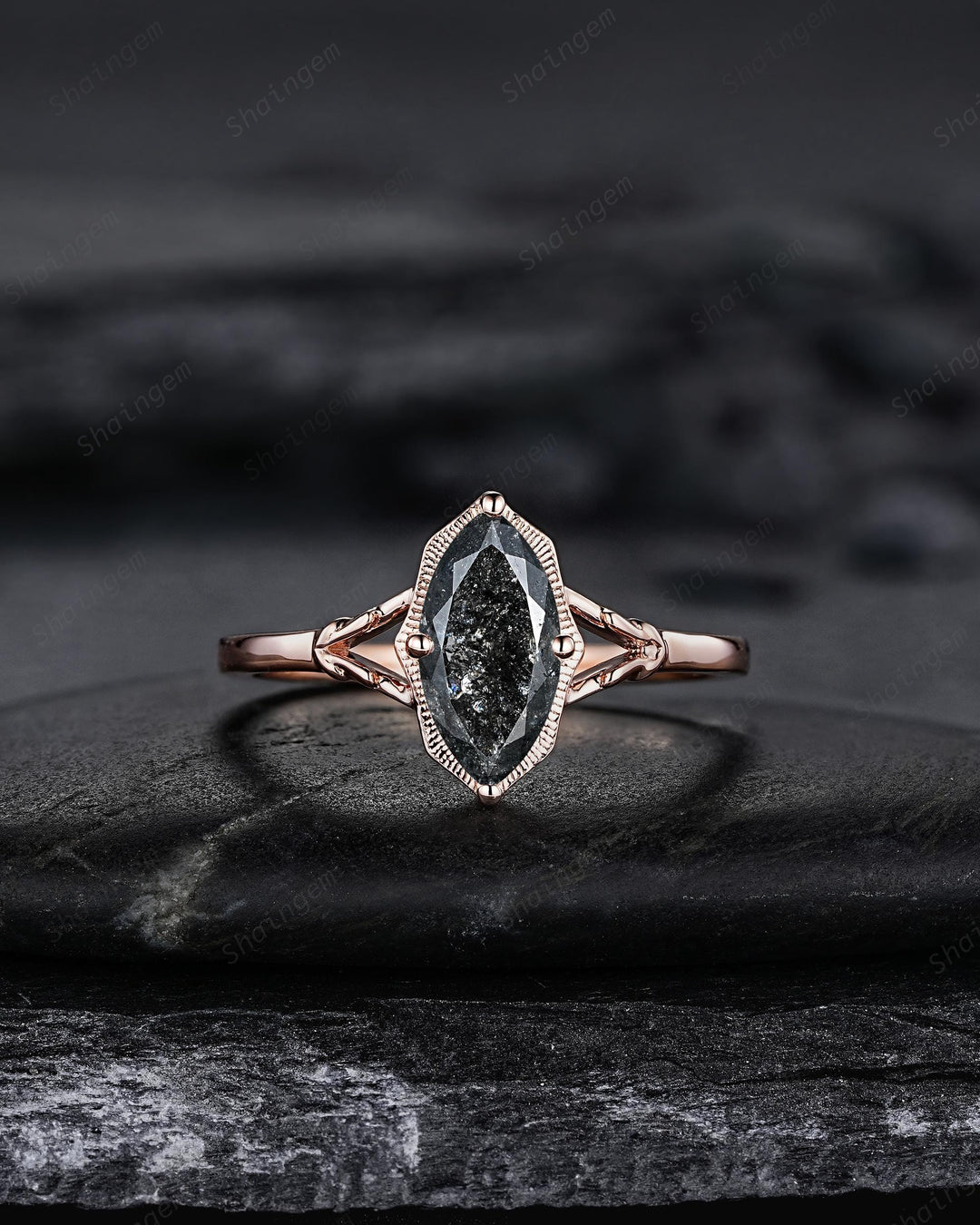 Marquise Cut Salt and Pepper Diamond Promise Ring, Unique Open Gap Wedding Band, Spilt Shank Rose Gold Black Diamond Promise Ring for Women - ShainJewelry