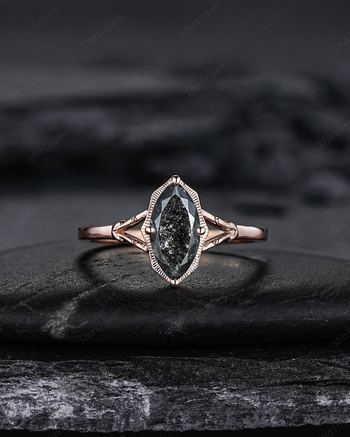 Marquise Cut Salt and Pepper Diamond Promise Ring, Unique Open Gap Wedding Band, Spilt Shank Rose Gold Black Diamond Promise Ring for Women - ShainJewelry