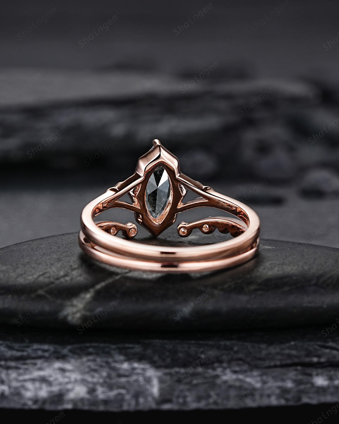 Marquise Cut Salt and Pepper Diamond Promise Ring, Unique Open Gap Wedding Band, Spilt Shank Rose Gold Black Diamond Promise Ring for Women - ShainJewelry