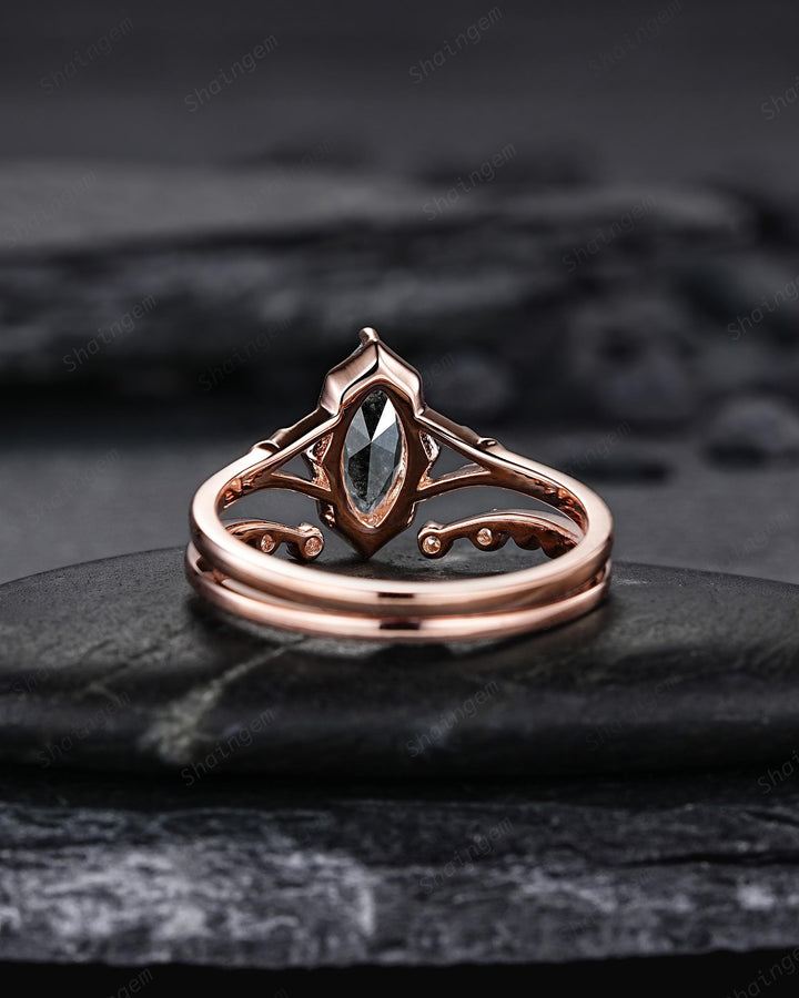 Marquise Cut Salt and Pepper Diamond Promise Ring, Unique Open Gap Wedding Band, Spilt Shank Rose Gold Black Diamond Promise Ring for Women - ShainJewelry