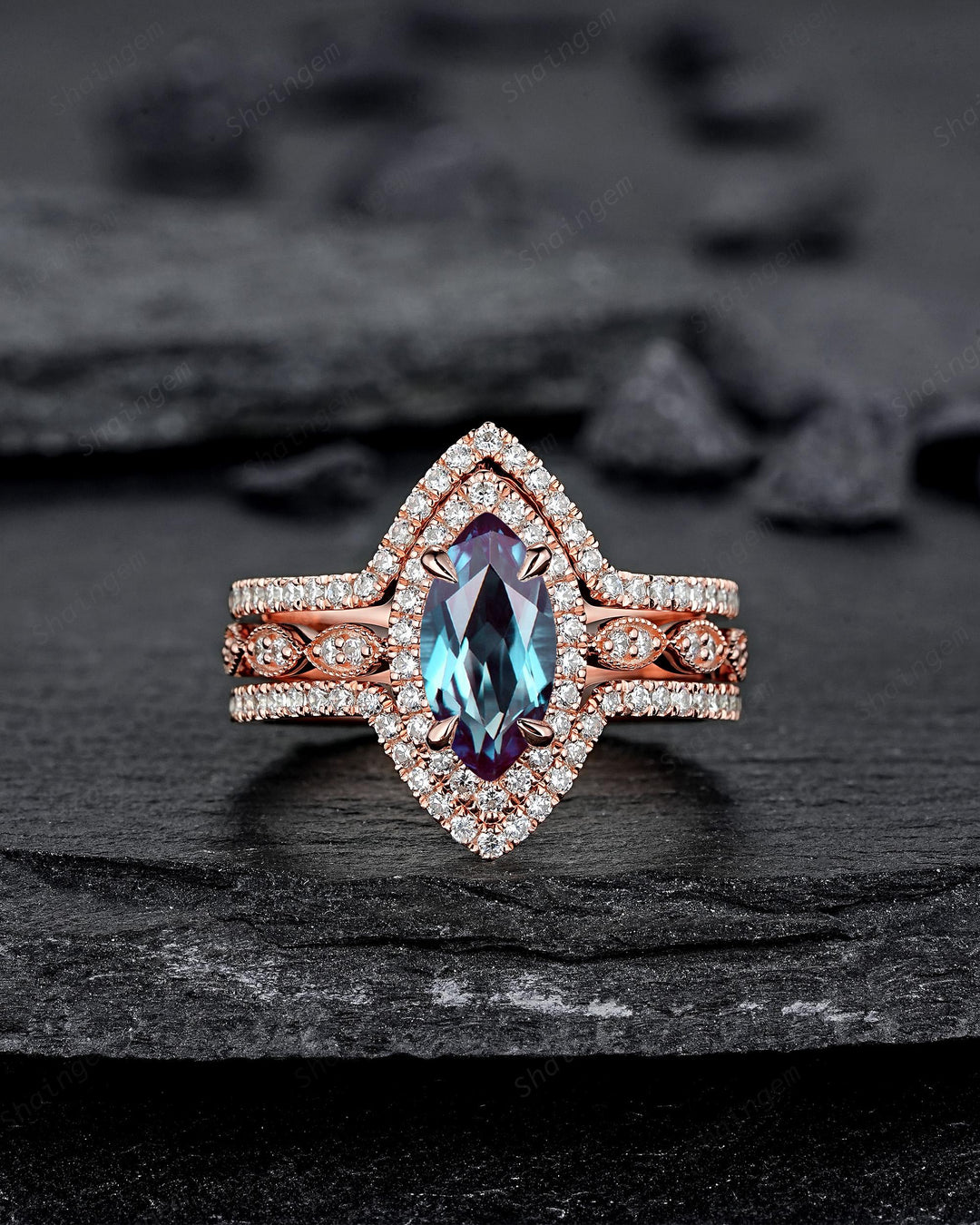 3PCS Marquise Cut Alexandrite Bridal Set, V Shape Ring Guard Spacer Engagement Ring Curved Soldered Band Halo Rose Gold Wedding Promise Ring - ShainJewelry