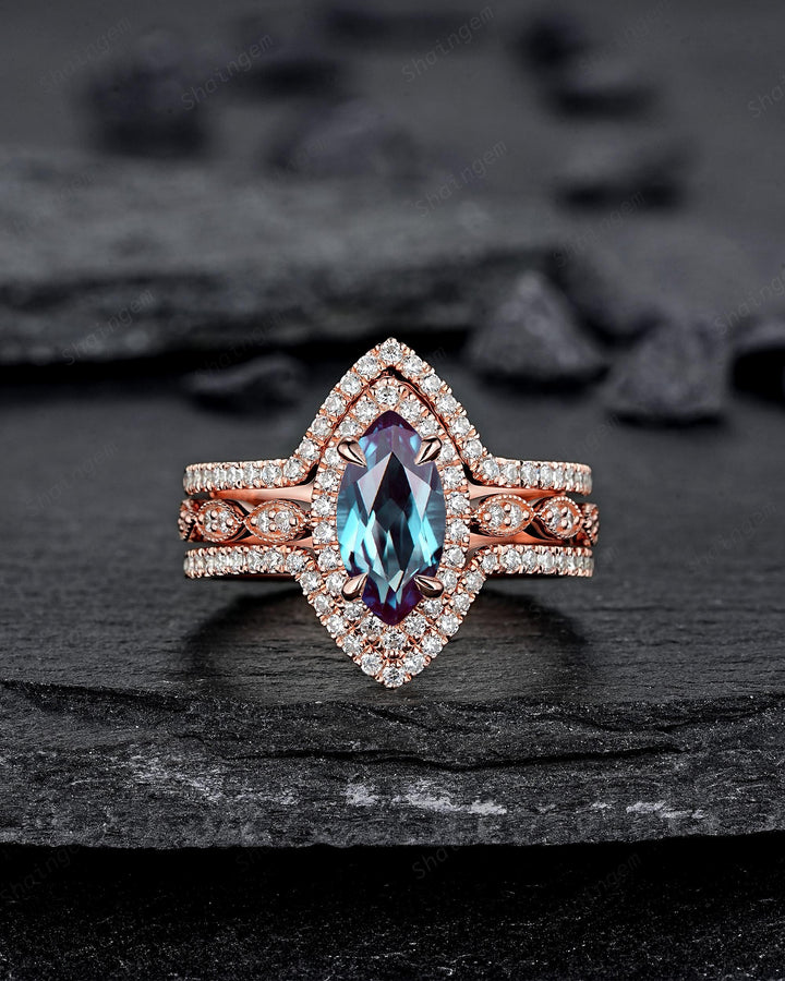 3PCS Marquise Cut Alexandrite Bridal Set, V Shape Ring Guard Spacer Engagement Ring Curved Soldered Band Halo Rose Gold Wedding Promise Ring - ShainJewelry