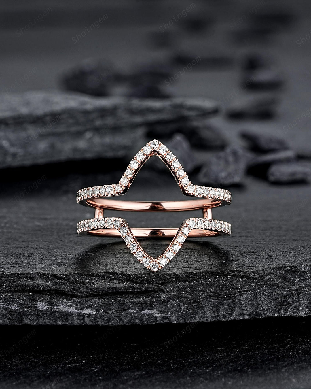 3PCS Marquise Cut Alexandrite Bridal Set, V Shape Ring Guard Spacer Engagement Ring Curved Soldered Band Halo Rose Gold Wedding Promise Ring - ShainJewelry