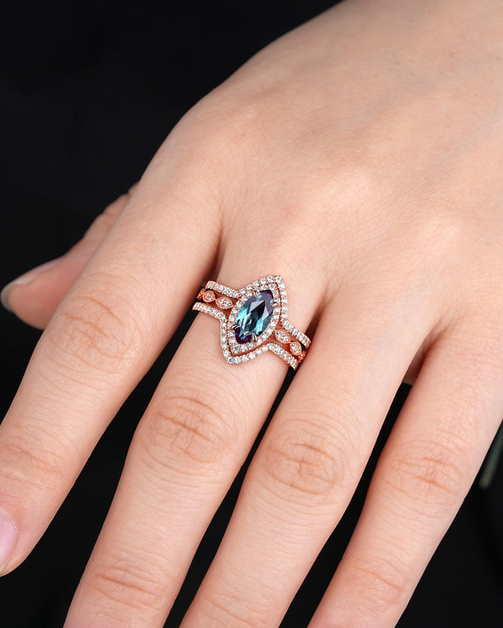 3PCS Marquise Cut Alexandrite Bridal Set, V Shape Ring Guard Spacer Engagement Ring Curved Soldered Band Halo Rose Gold Wedding Promise Ring - ShainJewelry