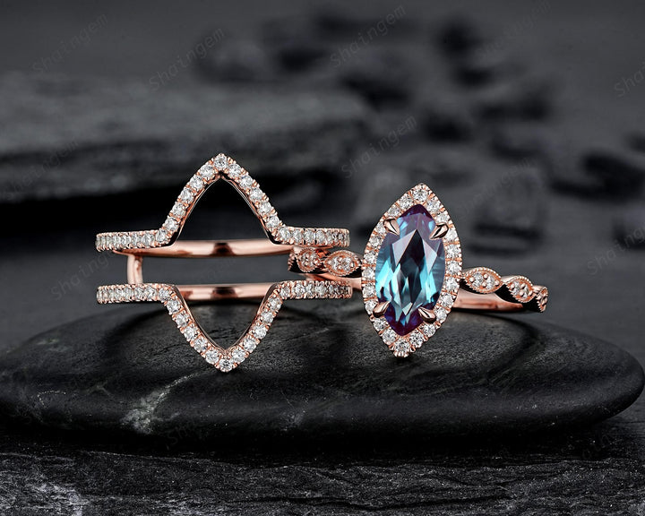 3PCS Marquise Cut Alexandrite Bridal Set, V Shape Ring Guard Spacer Engagement Ring Curved Soldered Band Halo Rose Gold Wedding Promise Ring - ShainJewelry