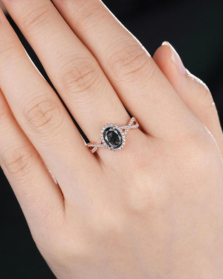 Oval Shape Salt and Pepper Diamond Halo Engagement Ring, Twist Shank Rose Gold Natural Black Diamond Crossover Half Eternity Promise Ring - ShainJewelry