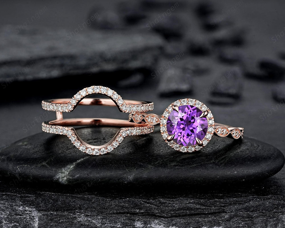 3PCS Round Cut Purple Sapphire Bridal Set, Ring Guard Spacer Engagement Ring Set, Soldered Band Halo Wedding Ring Rose Gold Promise Ring - ShainJewelry