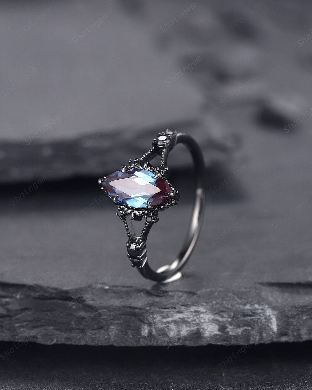 Gothic Black Gold Marquise Alexandrite Engagement Ring, Rhodium Black Alexandrite Promise Ring, Witchy Black Promise Anniversary Ring Gift - ShainJewelry