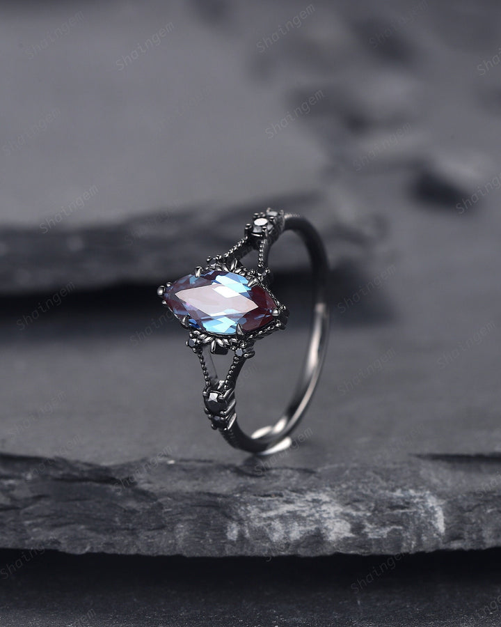 Gothic Black Gold Marquise Alexandrite Engagement Ring, Rhodium Black Alexandrite Promise Ring, Witchy Black Promise Anniversary Ring Gift - ShainJewelry