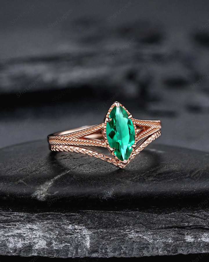 Spilt Shank Marquise Emerald Engagement Ring, Unique Curved May Birthstone Wedding Promise Ring, V Shape Milgrain Rose Gold Anniversary Ring - ShainJewelry