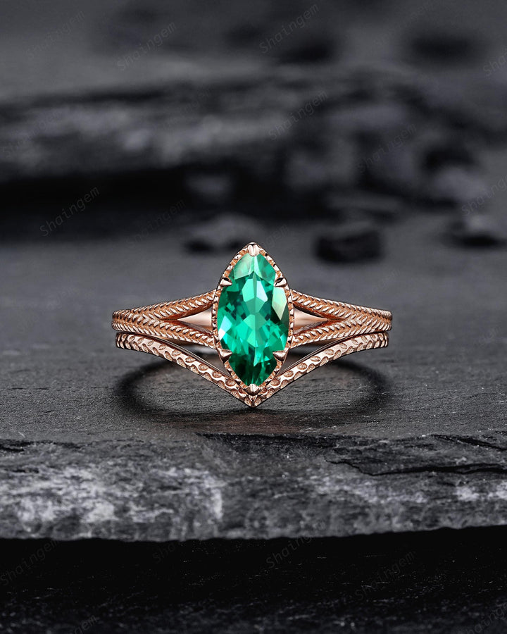 Spilt Shank Marquise Emerald Engagement Ring, Unique Curved May Birthstone Wedding Promise Ring, V Shape Milgrain Rose Gold Anniversary Ring - ShainJewelry