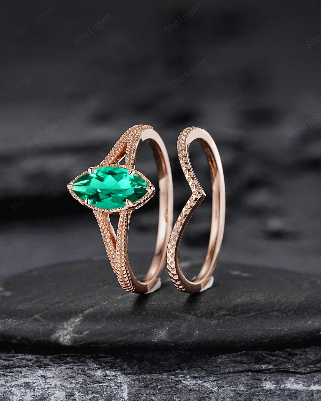 Spilt Shank Marquise Emerald Engagement Ring, Unique Curved May Birthstone Wedding Promise Ring, V Shape Milgrain Rose Gold Anniversary Ring - ShainJewelry