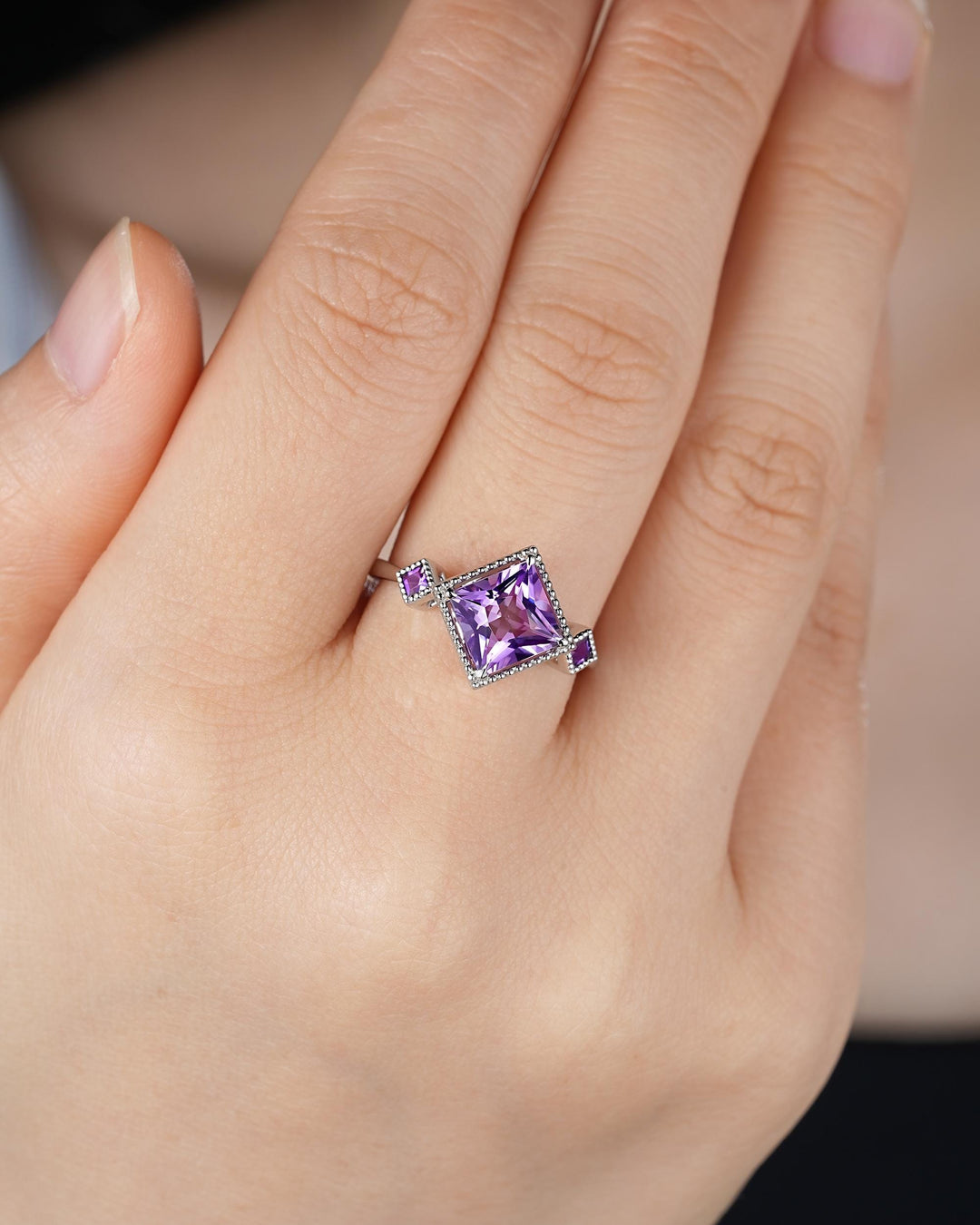 Vintage Princess Cut Amethyst Engagement Ring, 14k White Gold February Birthstone Wedding Promise Ring, Unique Milgrain Three Stones Ring - ShainJewelry