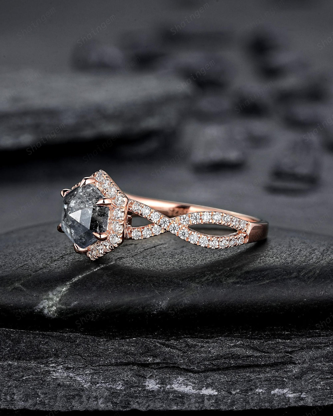 Hexagon Salt and Pepper Diamond Crossover Shank Engagement Ring Solid Rose Gold Halo Natural Gray Diamond Half Eternity Wedding Promise Ring - ShainJewelry