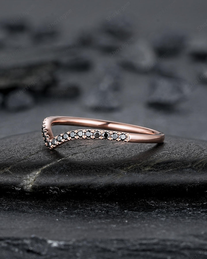 Vintage Black Diamond Curved Wedding Band, Rose Gold Chevron Nesting Band, Black Moissanite V Shaped Matching Stacking Ring Anniversary Band - ShainJewelry