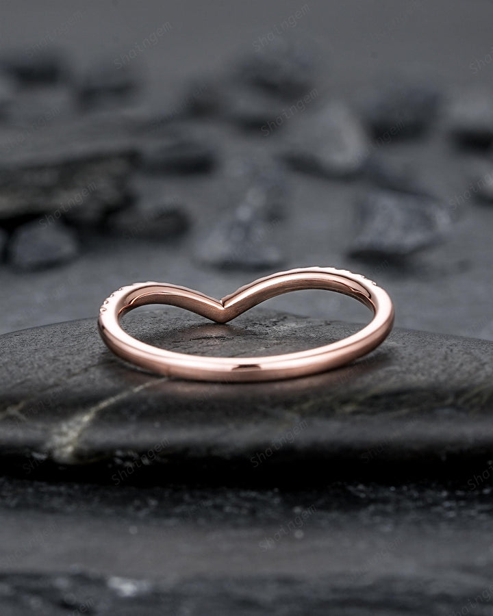 Vintage Black Diamond Curved Wedding Band, Rose Gold Chevron Nesting Band, Black Moissanite V Shaped Matching Stacking Ring Anniversary Band - ShainJewelry