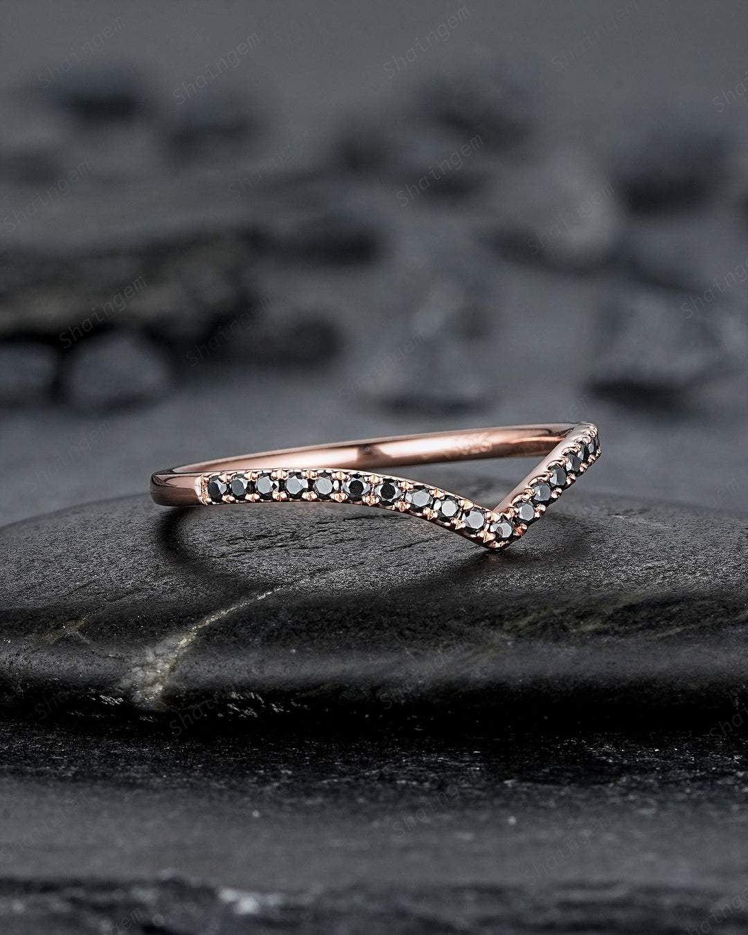 Vintage Black Diamond Curved Wedding Band, Rose Gold Chevron Nesting Band, Black Moissanite V Shaped Matching Stacking Ring Anniversary Band - ShainJewelry