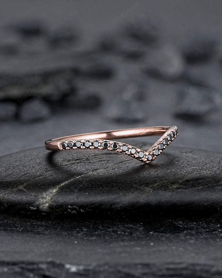 Vintage Black Diamond Curved Wedding Band, Rose Gold Chevron Nesting Band, Black Moissanite V Shaped Matching Stacking Ring Anniversary Band - ShainJewelry