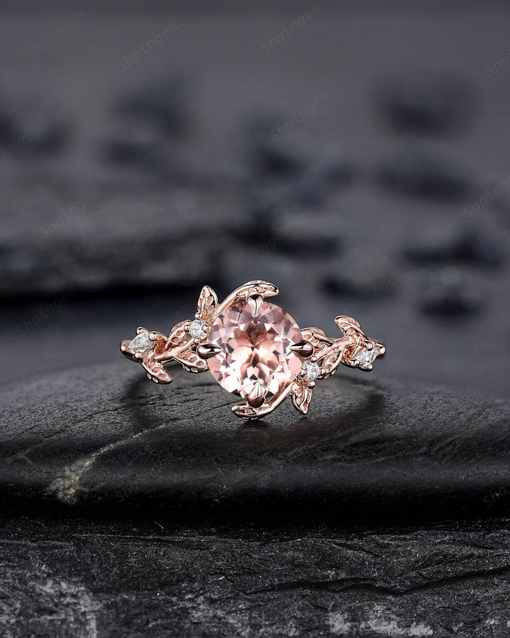 Nature Inspired Round Peach Morganite Vine Engagement Ring Set, Pink Morganite and Diamond Wedding Ring Rose Gold Twig Leaf Promise Ring - ShainJewelry