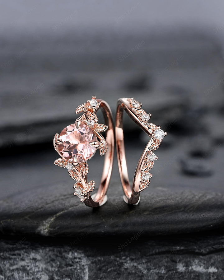 Nature Inspired Round Peach Morganite Vine Engagement Ring Set, Pink Morganite and Diamond Wedding Ring Rose Gold Twig Leaf Promise Ring - ShainJewelry