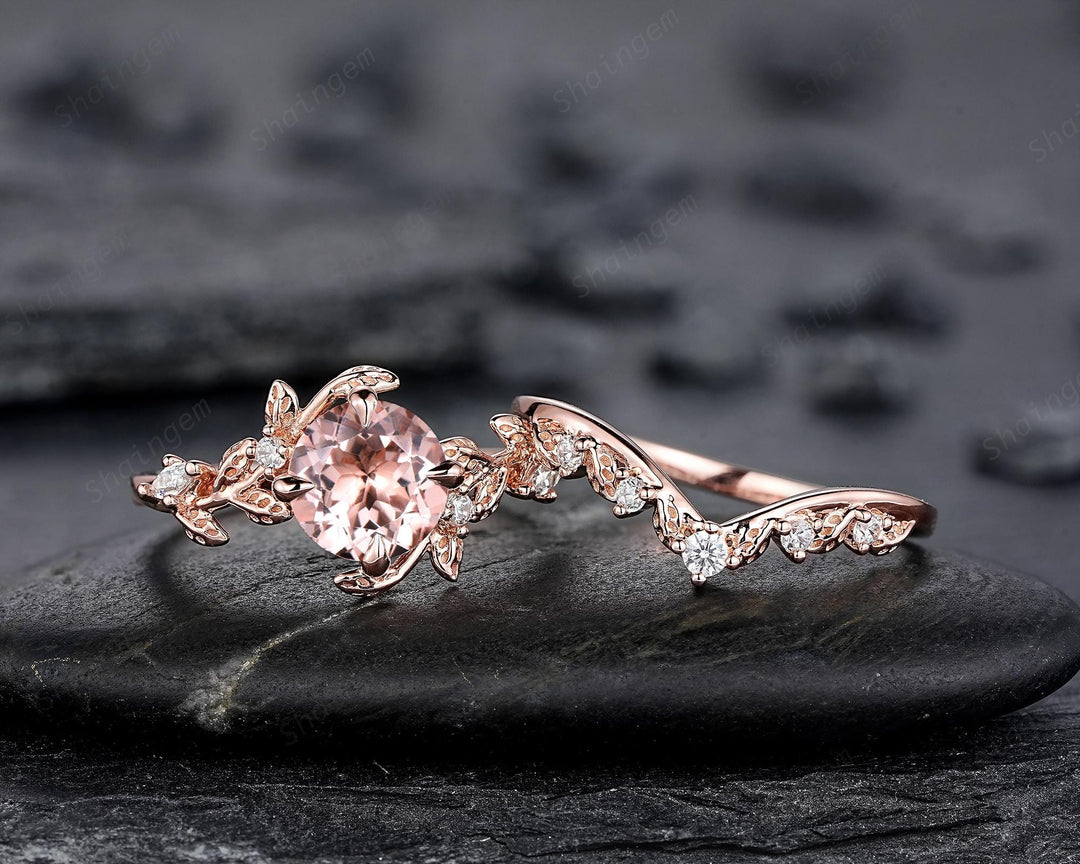 Nature Inspired Round Peach Morganite Vine Engagement Ring Set, Pink Morganite and Diamond Wedding Ring Rose Gold Twig Leaf Promise Ring - ShainJewelry