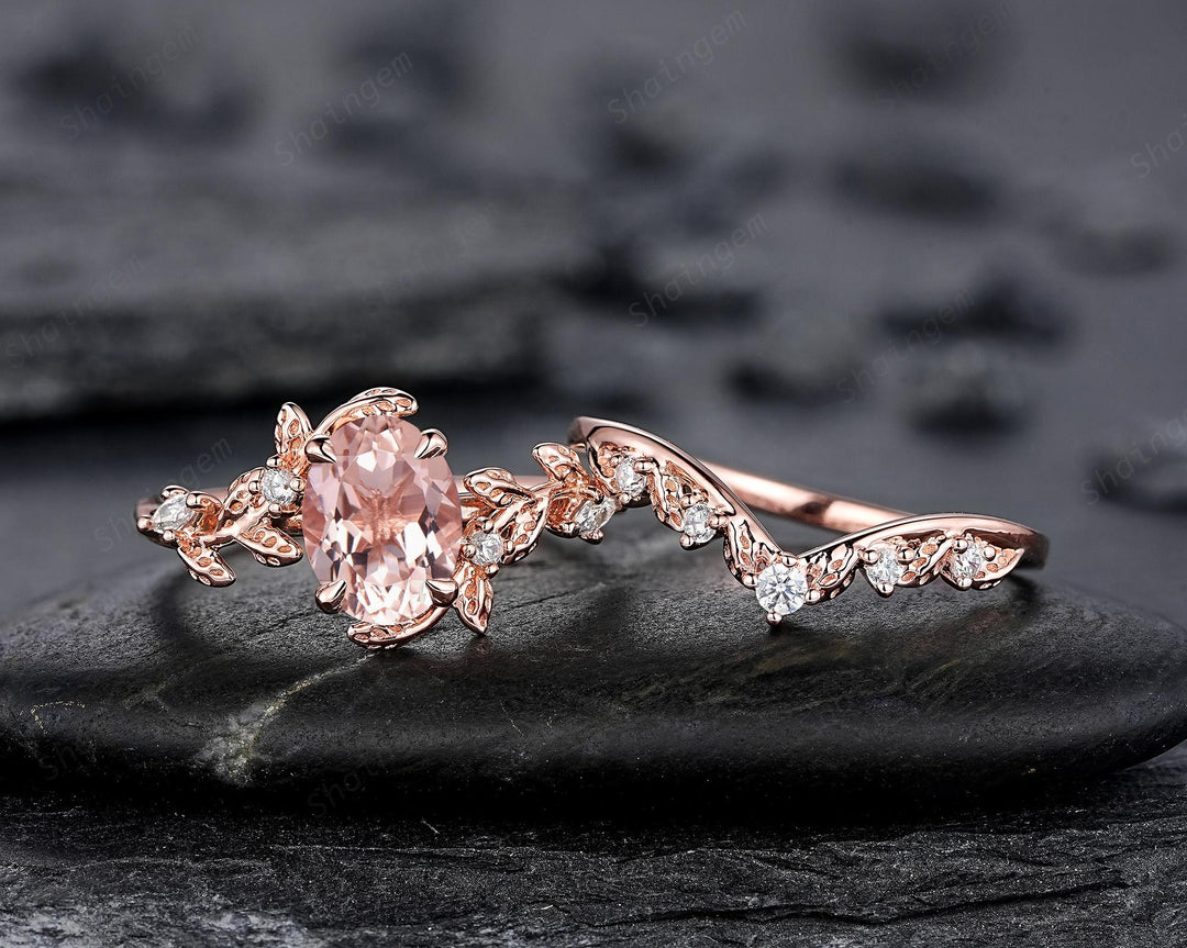 Nature Inspired Oval Cut Peach Morganite Vine Engagement Ring Set, Pink Morganite and Diamond Wedding Ring Rose Gold Twig Leaf Promise Ring - ShainJewelry