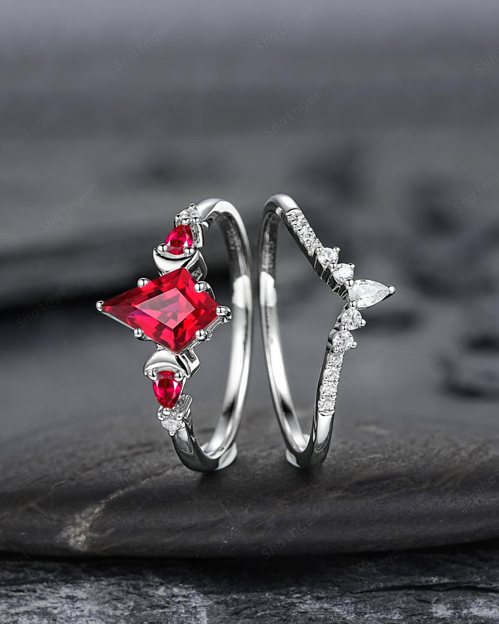 Platinum Kite Cut Ruby and Diamond Engagement Ring Set, Unique White Gold Crescent Promise Ring, Sterling Silver Wedding Ring Gift for Women - ShainJewelry