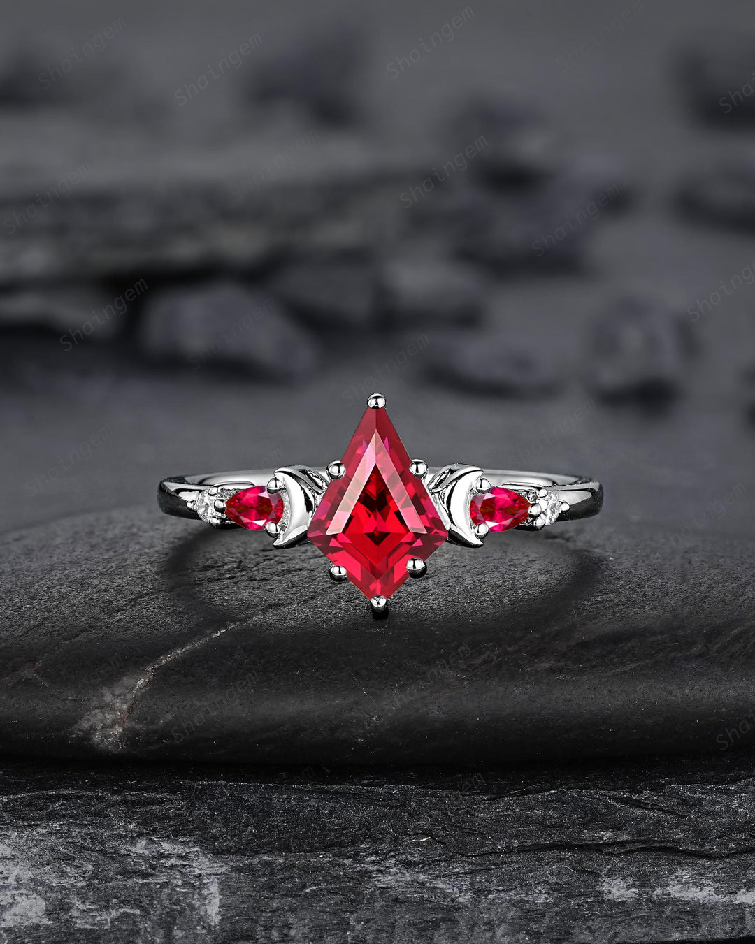 Platinum Kite Cut Ruby and Diamond Engagement Ring Set, Unique White Gold Crescent Promise Ring, Sterling Silver Wedding Ring Gift for Women - ShainJewelry