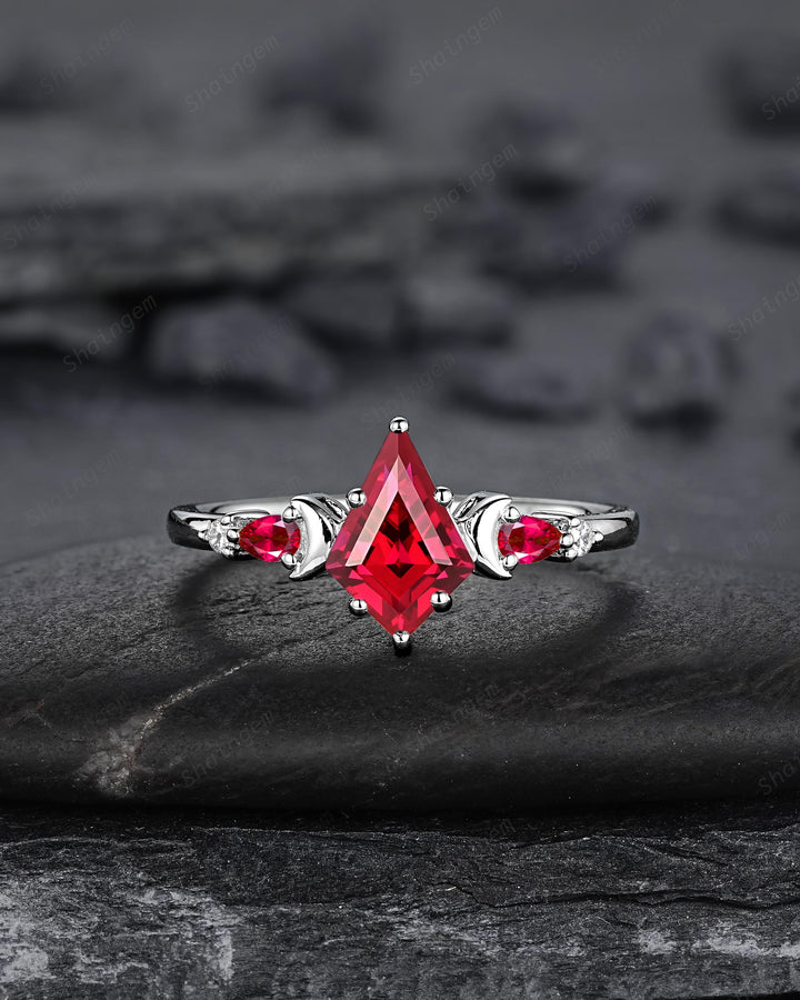 Platinum Kite Cut Ruby and Diamond Engagement Ring Set, Unique White Gold Crescent Promise Ring, Sterling Silver Wedding Ring Gift for Women - ShainJewelry