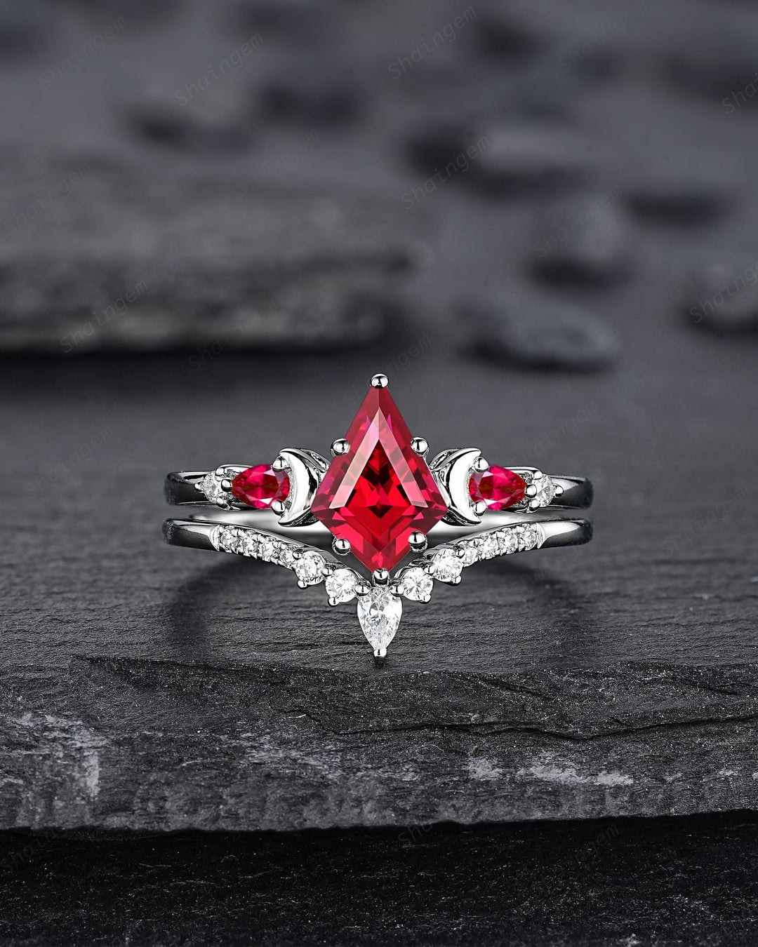 Platinum Kite Cut Ruby and Diamond Engagement Ring Set, Unique White Gold Crescent Promise Ring, Sterling Silver Wedding Ring Gift for Women - ShainJewelry