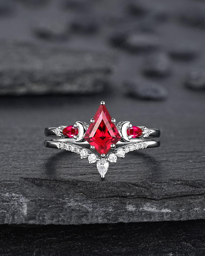 Platinum Kite Cut Ruby and Diamond Engagement Ring Set, Unique White Gold Crescent Promise Ring, Sterling Silver Wedding Ring Gift for Women - ShainJewelry
