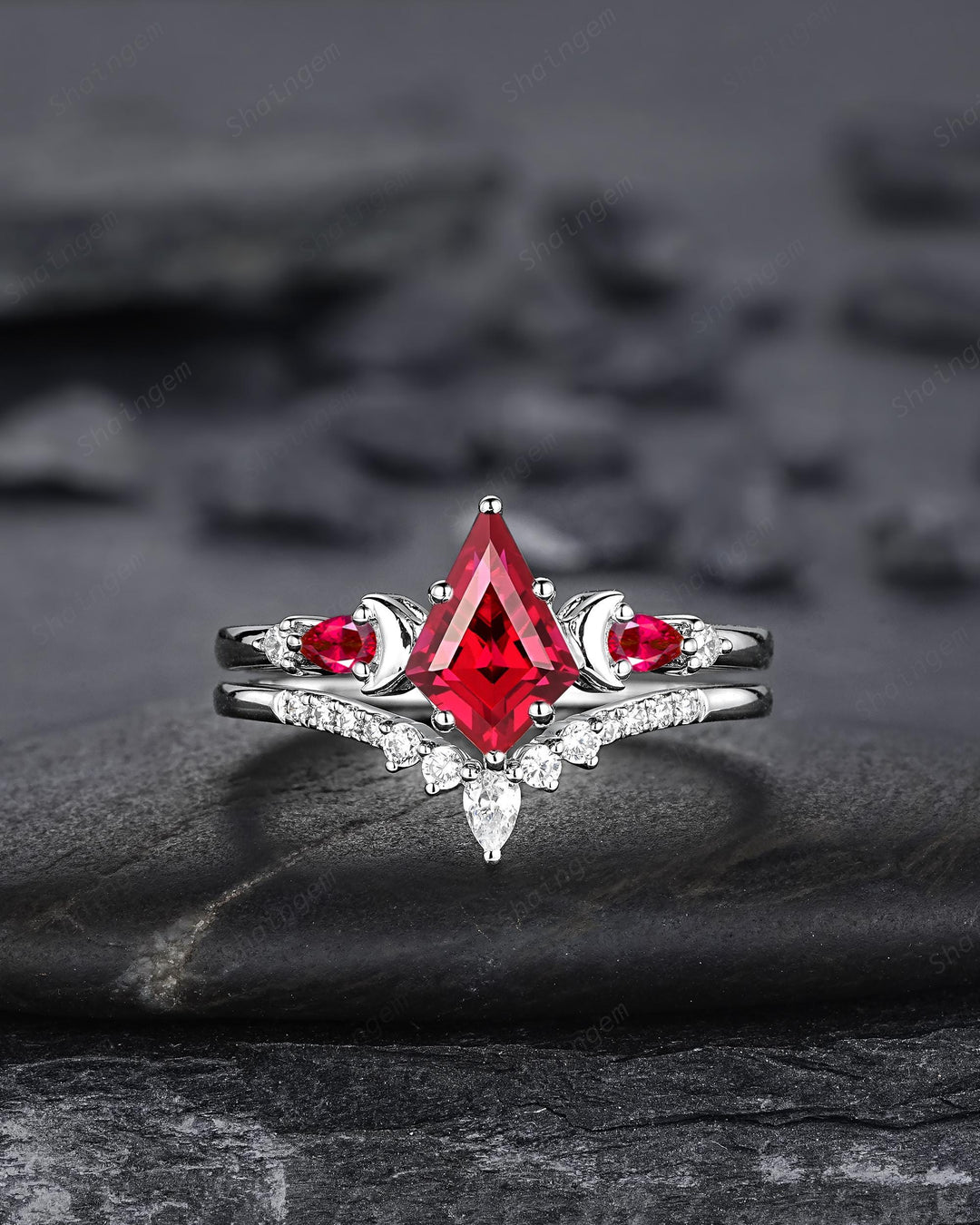 Platinum Kite Cut Ruby and Diamond Engagement Ring Set, Unique White Gold Crescent Promise Ring, Sterling Silver Wedding Ring Gift for Women - ShainJewelry