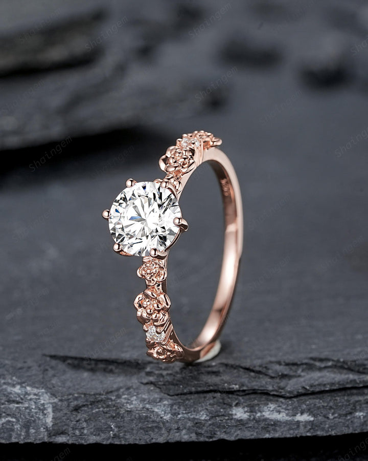 IGI Certified 1 Carat Lab Grown Diamond Engagement Ring, 14K 18K Rose Gold Nature Inspired Rose Flower Promise Ring Diamond Wedding Ring - ShainJewelry