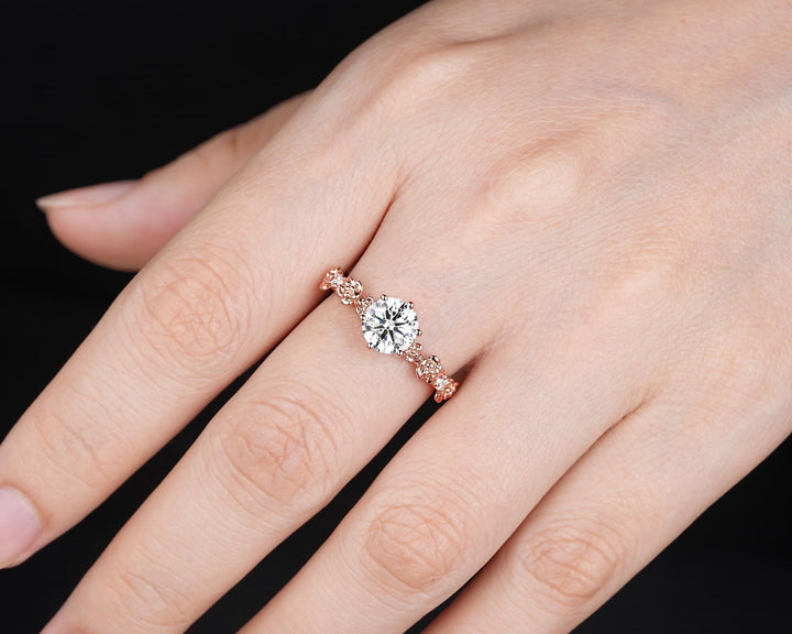 IGI Certified 1 Carat Lab Grown Diamond Engagement Ring, 14K 18K Rose Gold Nature Inspired Rose Flower Promise Ring Diamond Wedding Ring - ShainJewelry