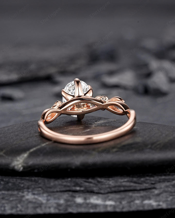 IGI Certified 1 Carat Oval Shape Lab Grown Diamond Engagement Ring, Rose Gold Nature Inspired Rose Flower Promise Ring Leaf Wedding Ring - ShainJewelry