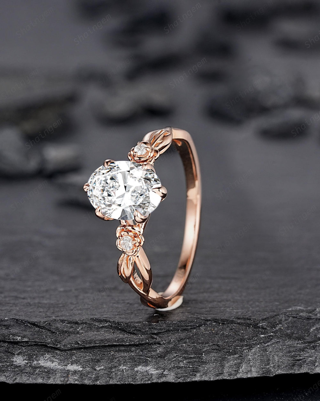IGI Certified 1 Carat Oval Shape Lab Grown Diamond Engagement Ring, Rose Gold Nature Inspired Rose Flower Promise Ring Leaf Wedding Ring - ShainJewelry