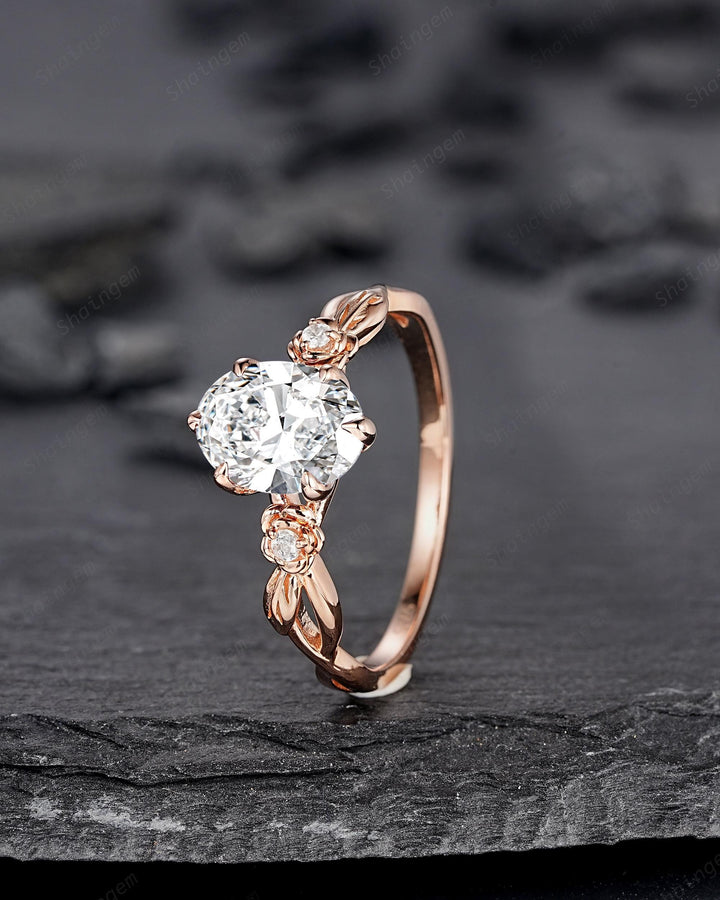 IGI Certified 1 Carat Oval Shape Lab Grown Diamond Engagement Ring, Rose Gold Nature Inspired Rose Flower Promise Ring Leaf Wedding Ring - ShainJewelry