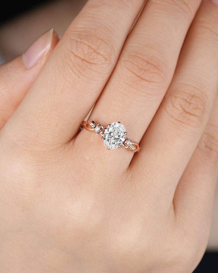 IGI Certified 1 Carat Oval Shape Lab Grown Diamond Engagement Ring, Rose Gold Nature Inspired Rose Flower Promise Ring Leaf Wedding Ring - ShainJewelry