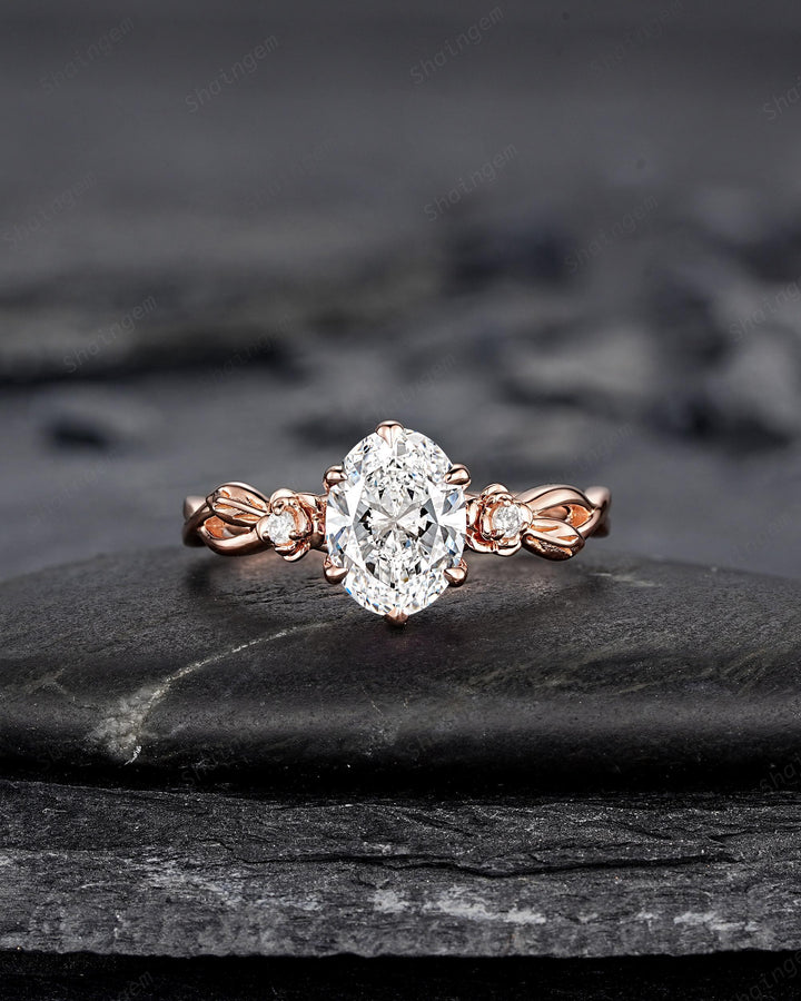 IGI Certified 1 Carat Oval Shape Lab Grown Diamond Engagement Ring, Rose Gold Nature Inspired Rose Flower Promise Ring Leaf Wedding Ring - ShainJewelry