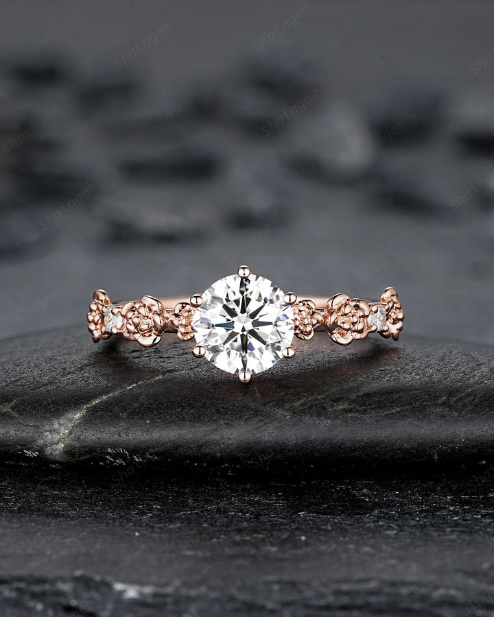 IGI Certified 1 Carat Lab Grown Diamond Engagement Ring, 14K 18K Rose Gold Nature Inspired Rose Flower Promise Ring Diamond Wedding Ring - ShainJewelry