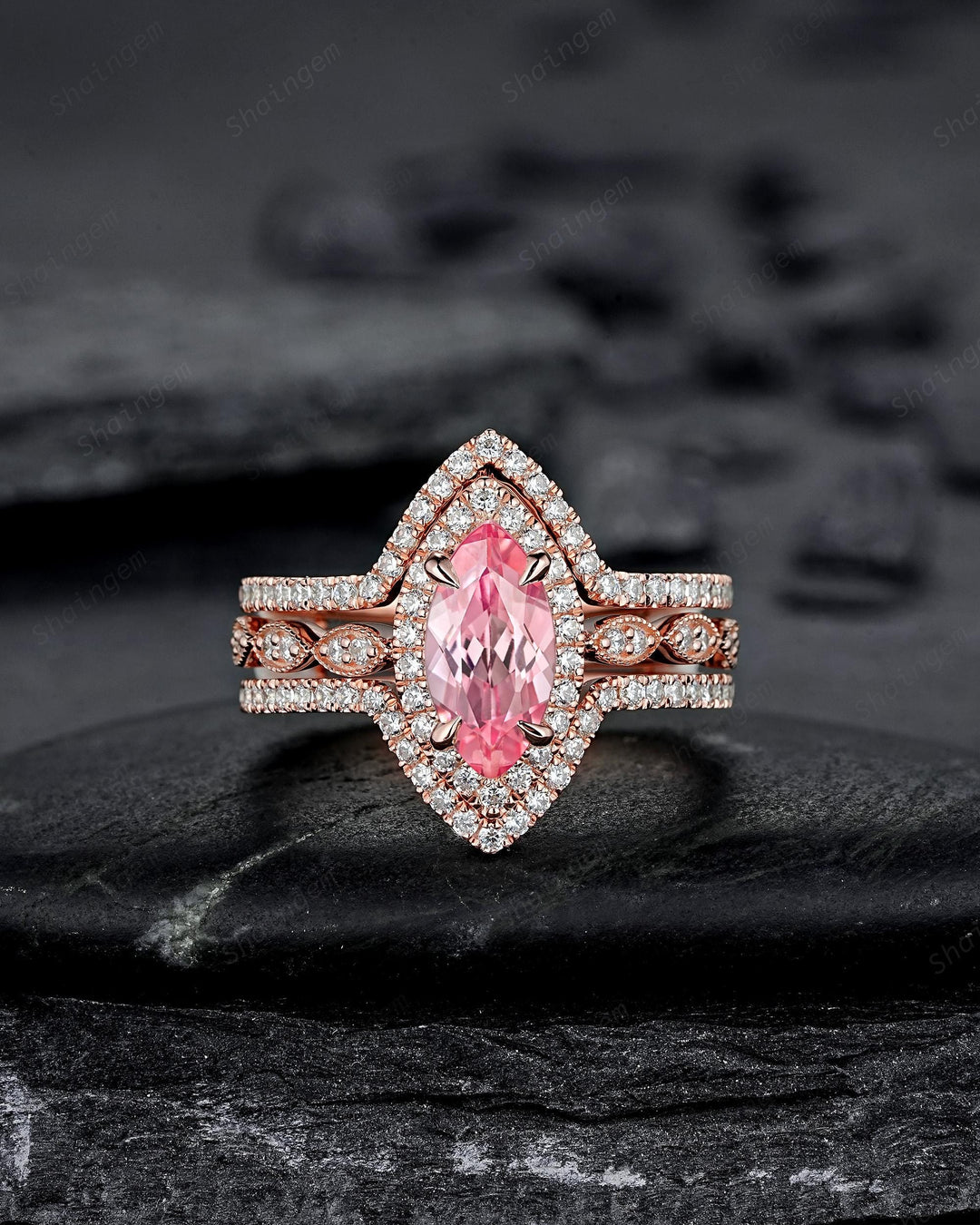 3PCS Marquise Cut Pink Sapphire Bridal Set V Shape Ring Guard Spacer Engagement Ring Enhancer Curved Soldered Band Halo Wedding Promise Ring - ShainJewelry