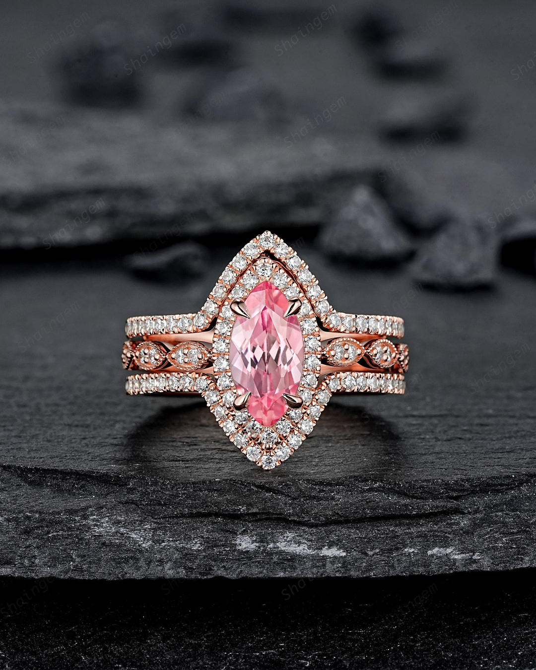 3PCS Marquise Cut Pink Sapphire Bridal Set V Shape Ring Guard Spacer Engagement Ring Enhancer Curved Soldered Band Halo Wedding Promise Ring - ShainJewelry