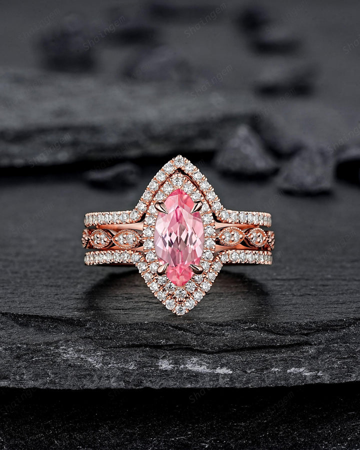 3PCS Marquise Cut Pink Sapphire Bridal Set V Shape Ring Guard Spacer Engagement Ring Enhancer Curved Soldered Band Halo Wedding Promise Ring - ShainJewelry