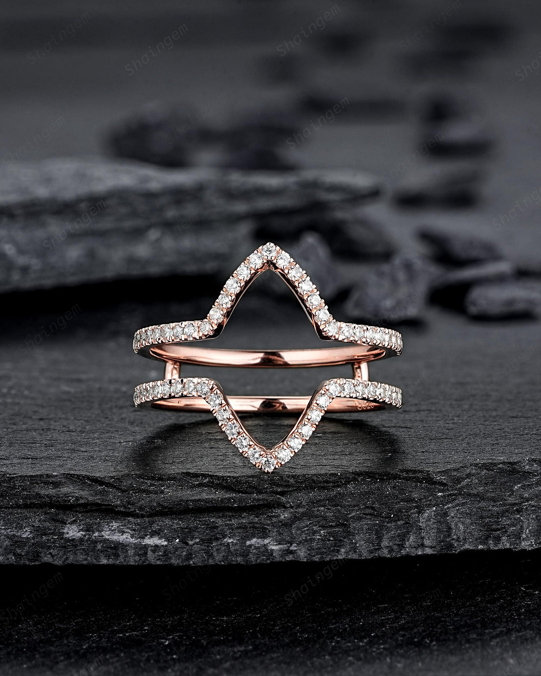 3PCS Marquise Cut Pink Sapphire Bridal Set V Shape Ring Guard Spacer Engagement Ring Enhancer Curved Soldered Band Halo Wedding Promise Ring - ShainJewelry